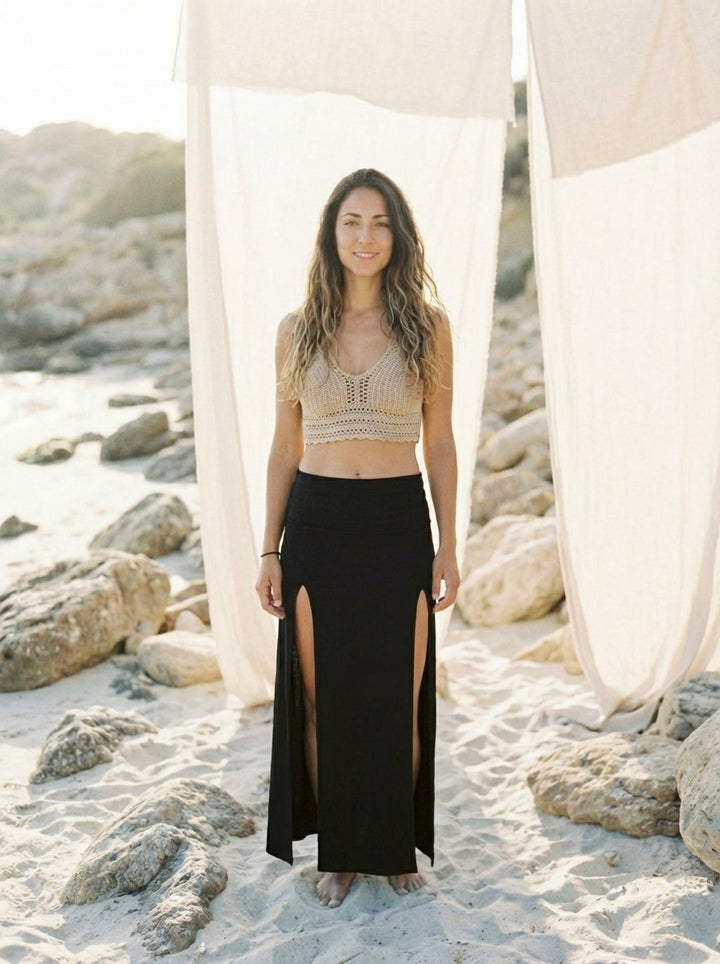 Double Slit Maxi Skirt – Bohemian Cotton Beach Wear, Black or White