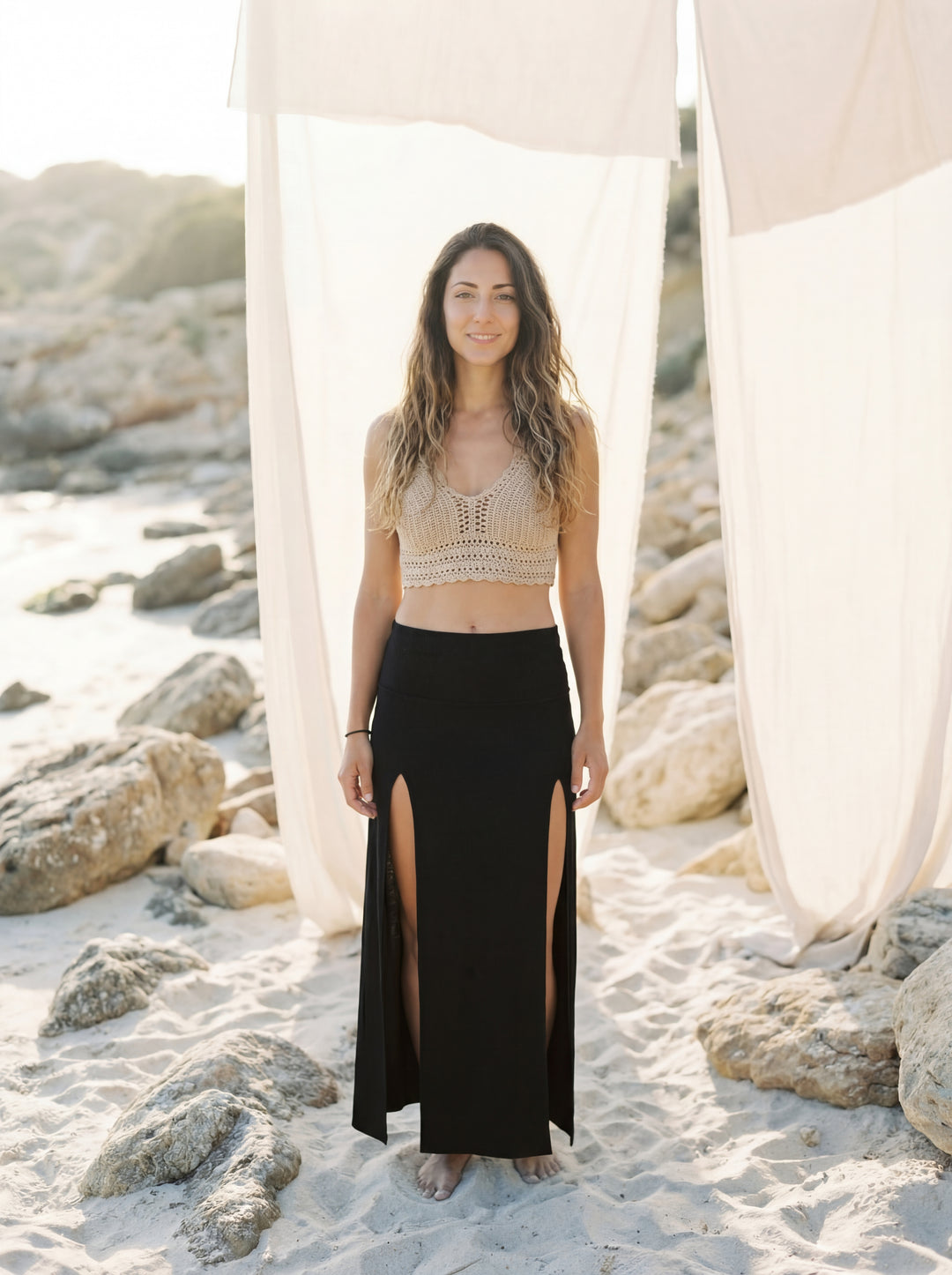 Double Slit Maxi Skirt – Bohemian Cotton Beach Wear, Black or White