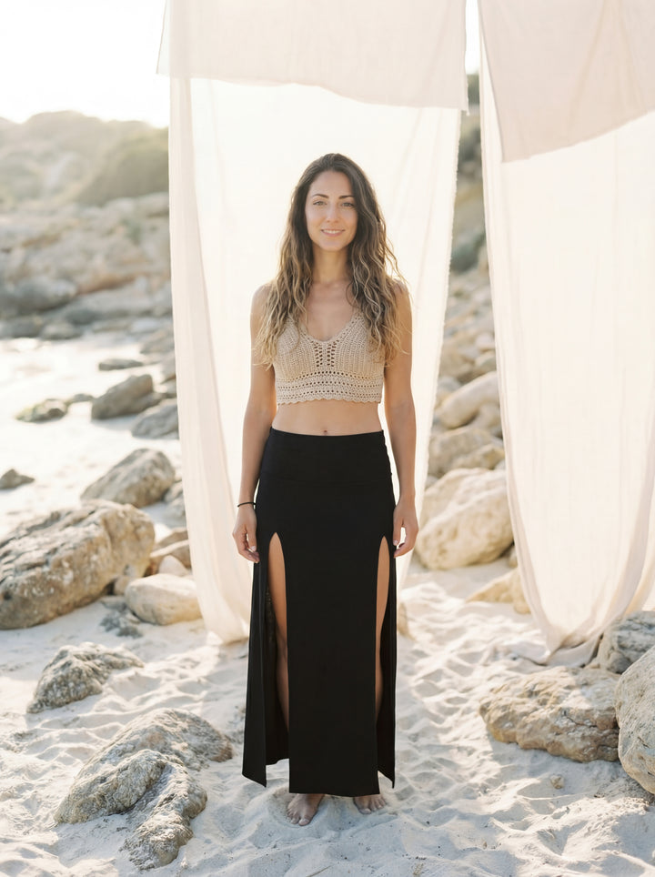 Double Slit Maxi Skirt – Bohemian Cotton Beach Wear, Black or White