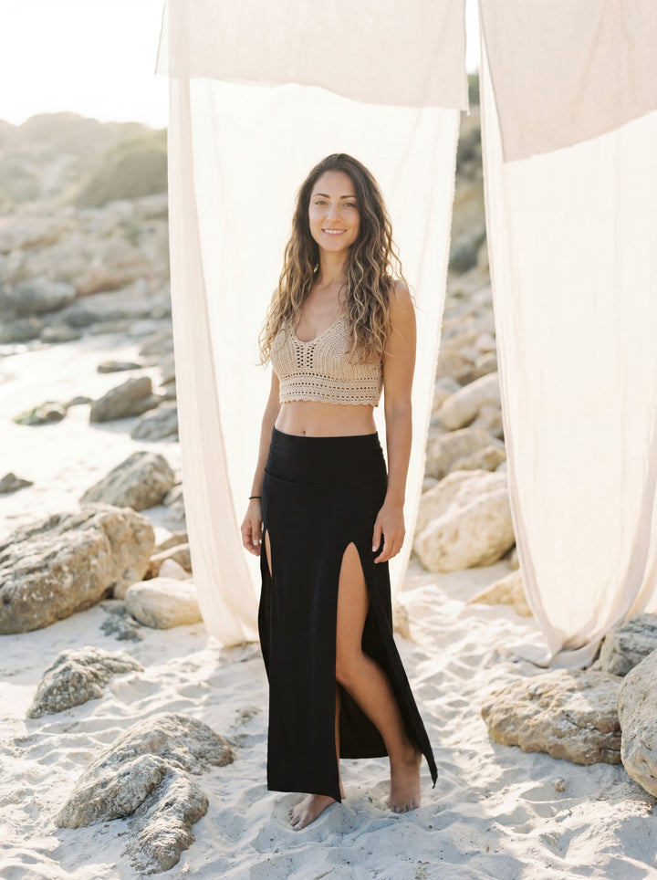 Double Slit Maxi Skirt – Bohemian Cotton Beach Wear, Black or White