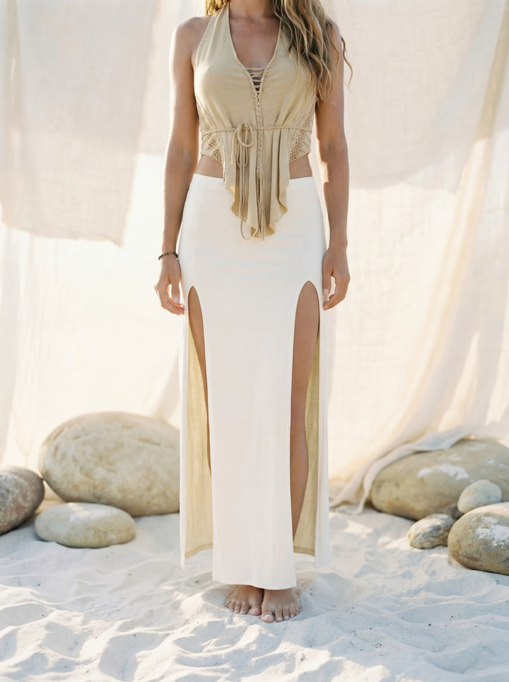 Double Slit Maxi Skirt – Bohemian Cotton Beach Wear, Black or White