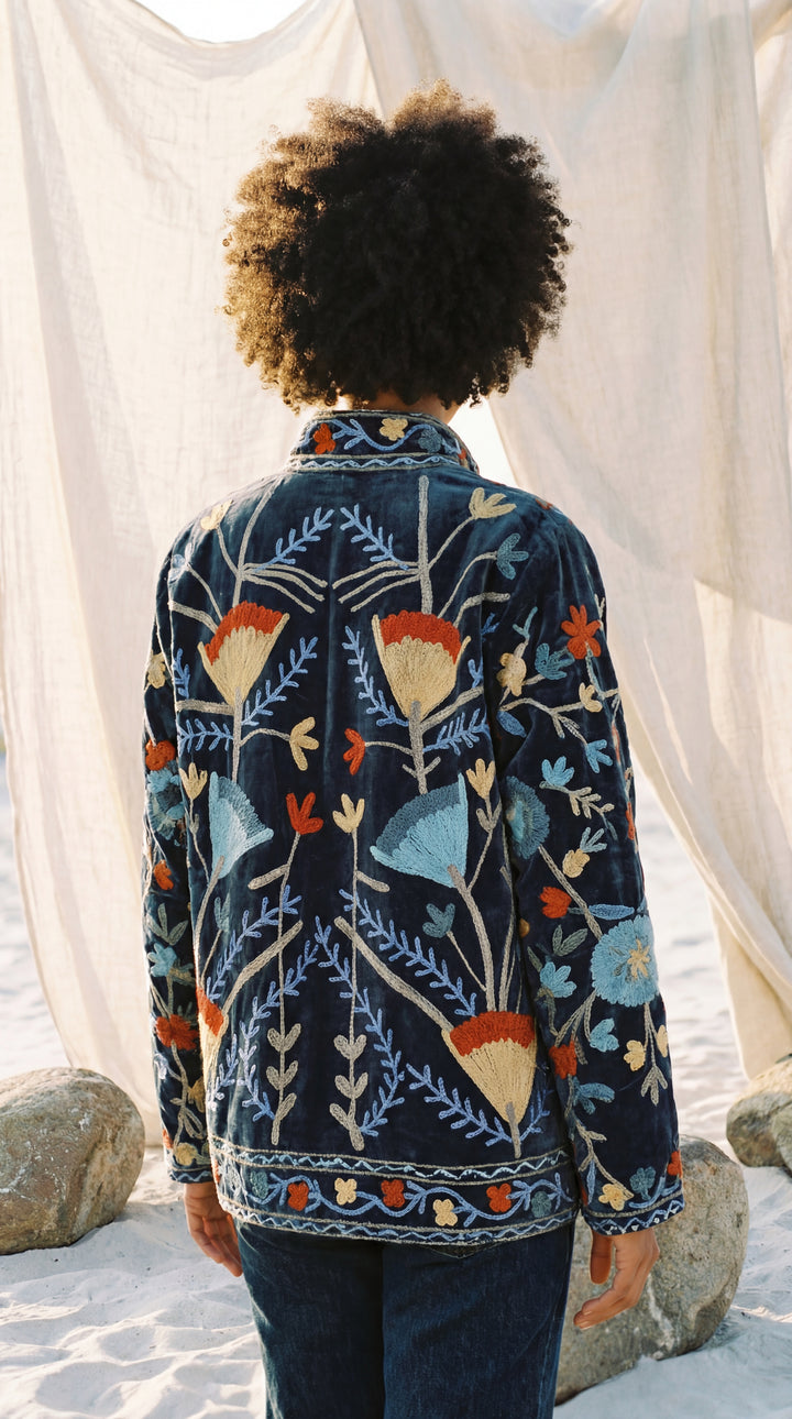 The "Suzani" Masterpiece Jacket – Heritage Blue & Bronze Embroidery