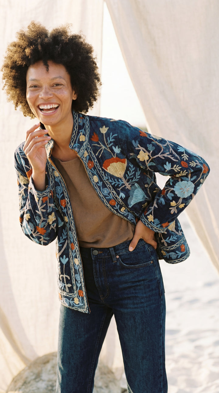 The "Suzani" Masterpiece Jacket – Heritage Blue & Bronze Embroidery