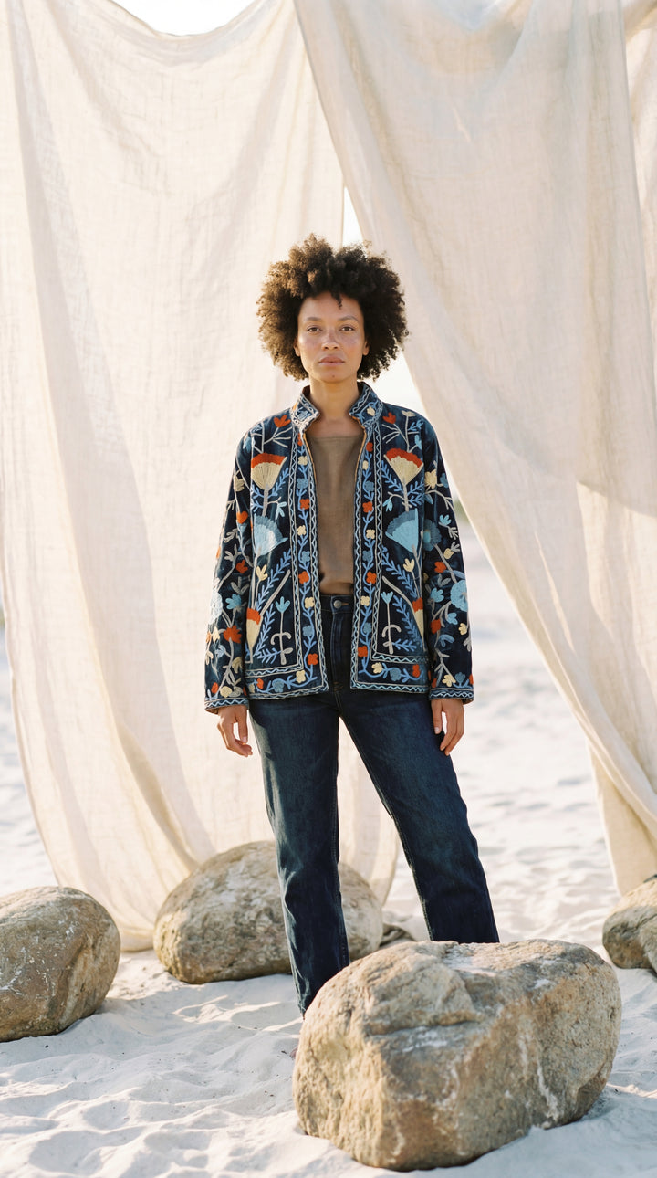 The "Suzani" Masterpiece Jacket – Heritage Blue & Bronze Embroidery