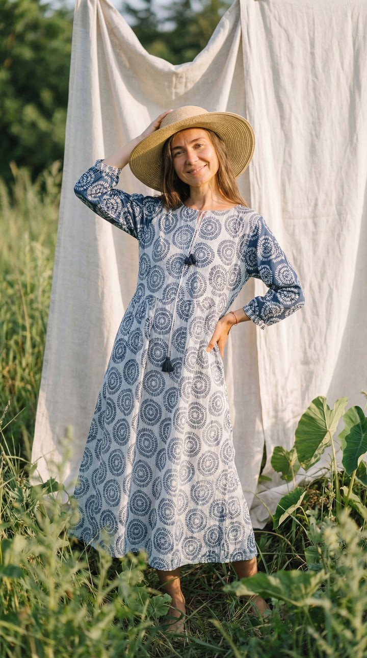 Indigo Organic Cotton Block Print Midi Dress – Blue Boho Tiered Artisan Style