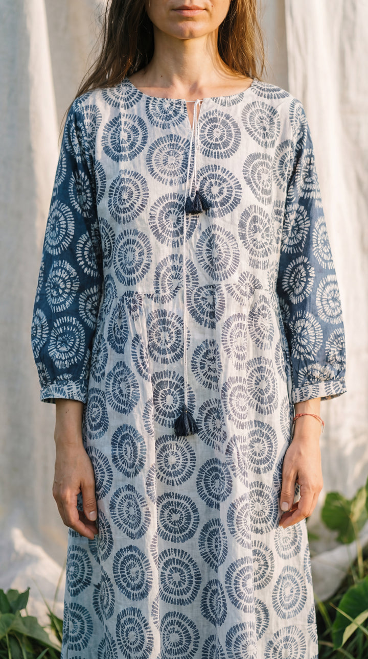 Indigo Organic Cotton Block Print Midi Dress – Blue Boho Tiered Artisan Style
