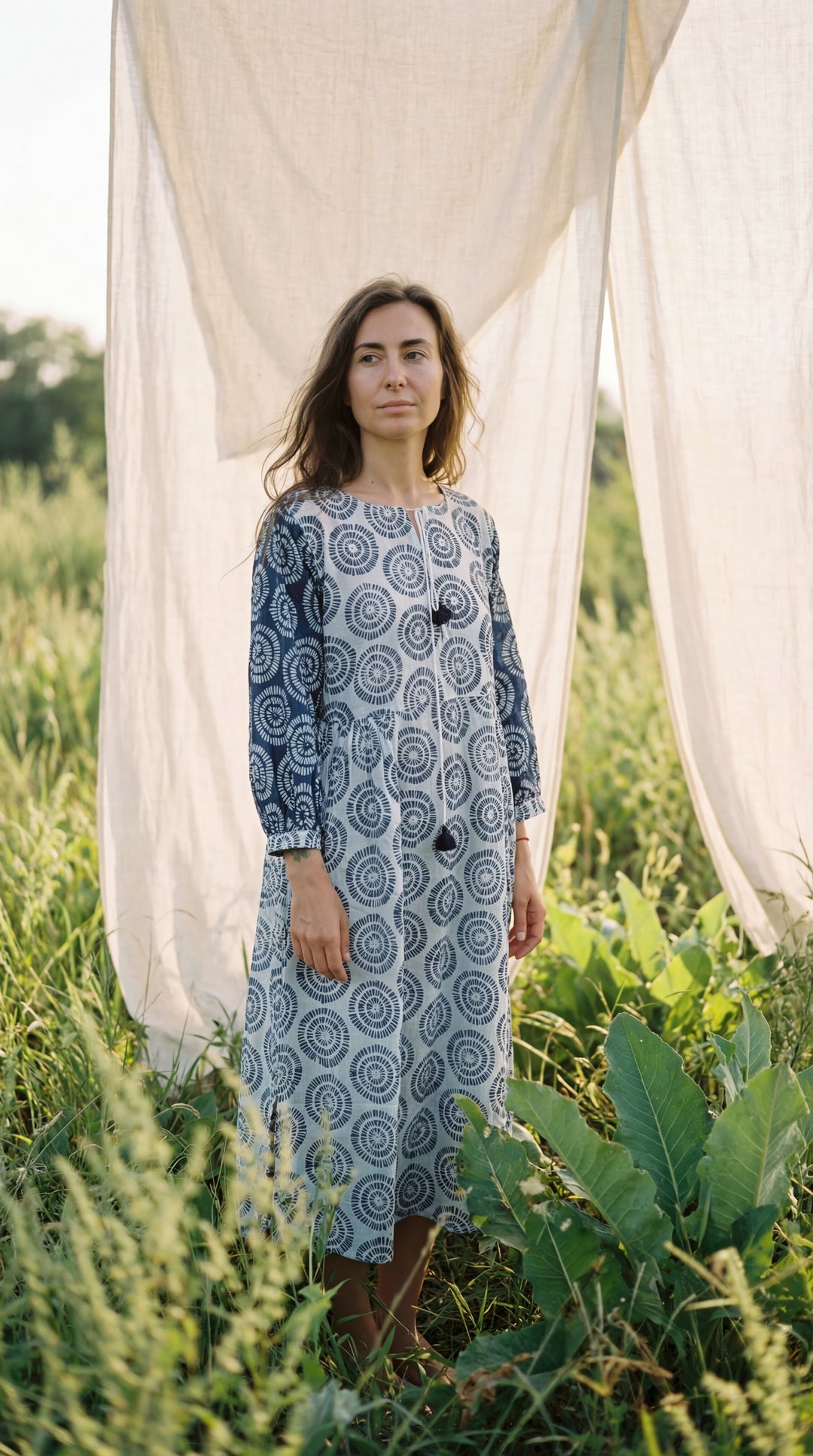 Indigo Organic Cotton Block Print Midi Dress – Blue Boho Tiered Artisan Style