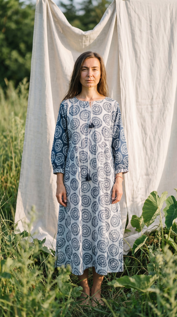 Indigo Organic Cotton Block Print Midi Dress – Blue Boho Tiered Artisan Style
