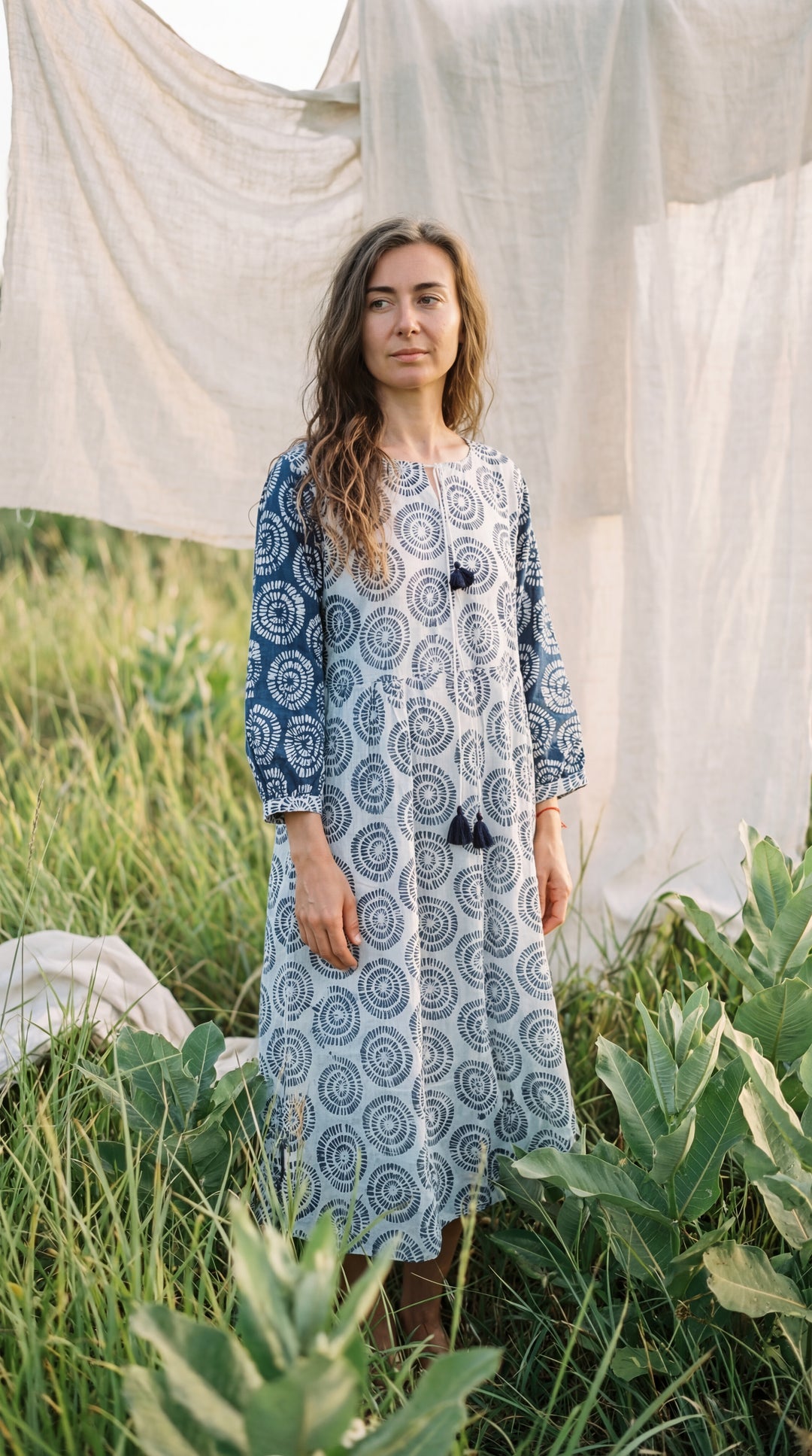 Indigo Organic Cotton Block Print Midi Dress – Blue Boho Tiered Artisan Style