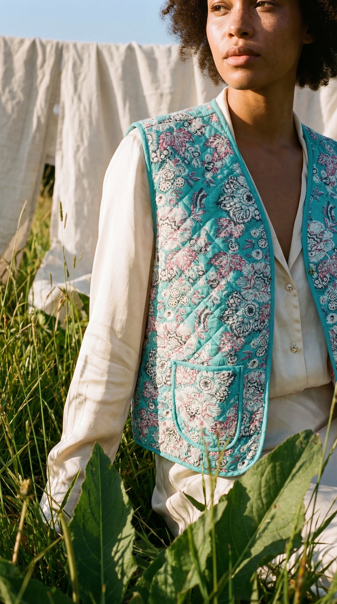 The "Tara" Quilted Vest – Block-Printed Meadow & Sunset Florals