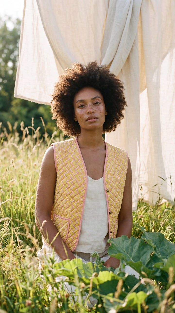 The "Tara" Quilted Vest – Block-Printed Meadow & Sunset Florals
