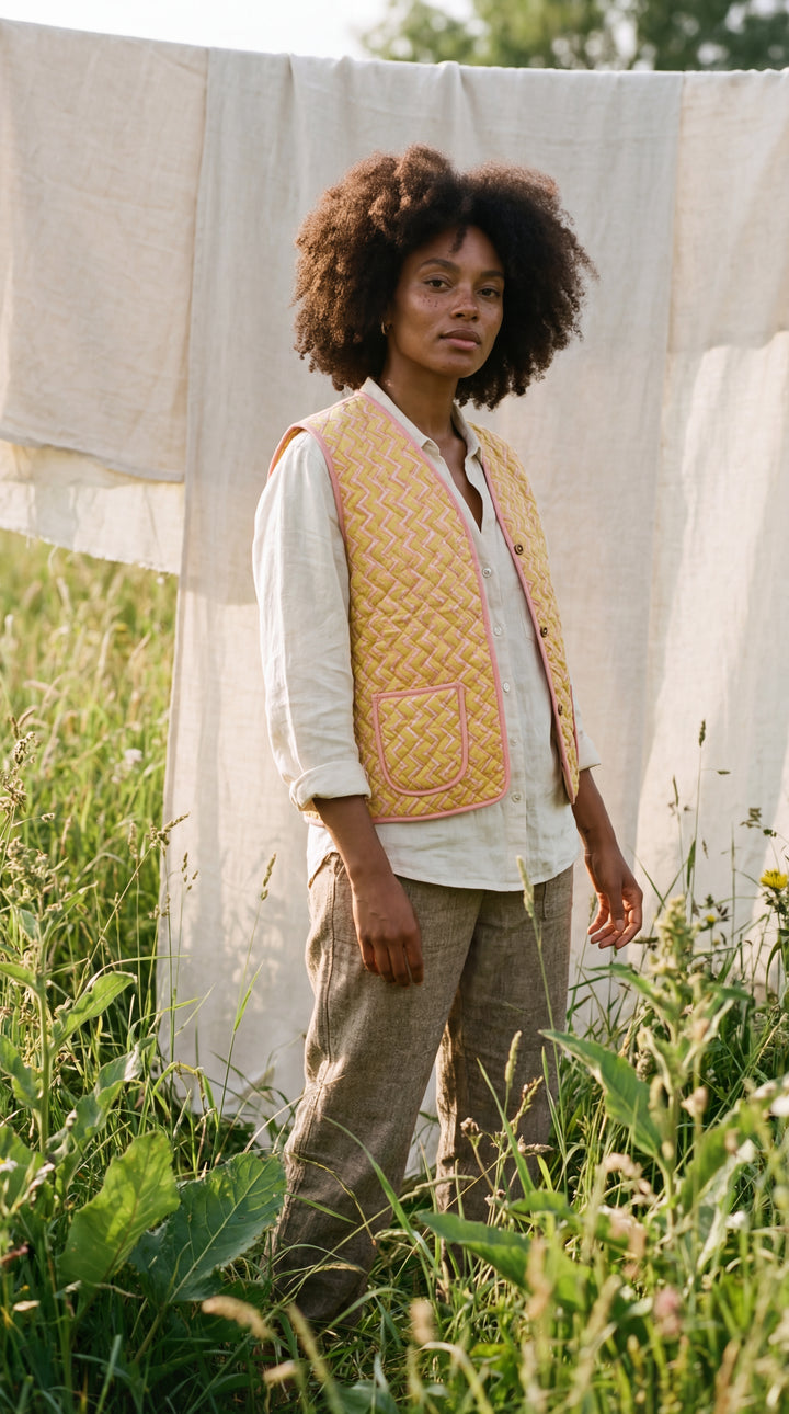 The "Tara" Quilted Vest – Block-Printed Meadow & Sunset Florals