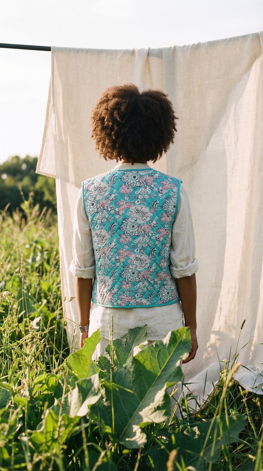 The "Tara" Quilted Vest – Block-Printed Meadow & Sunset Florals