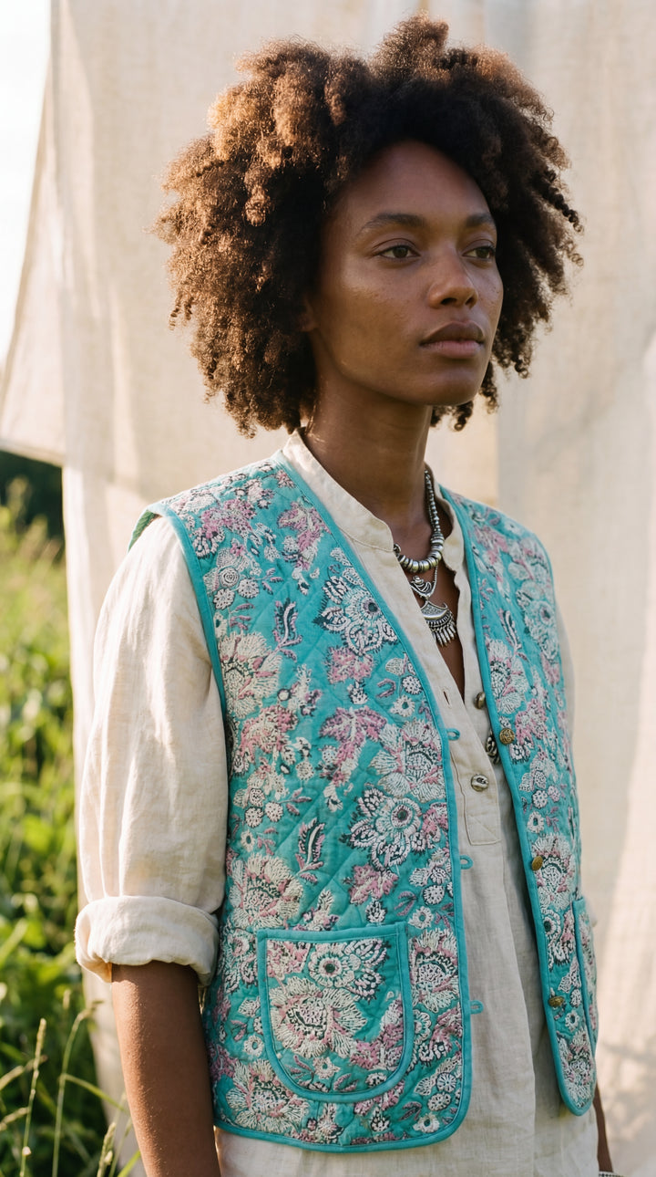 The "Tara" Quilted Vest – Block-Printed Meadow & Sunset Florals