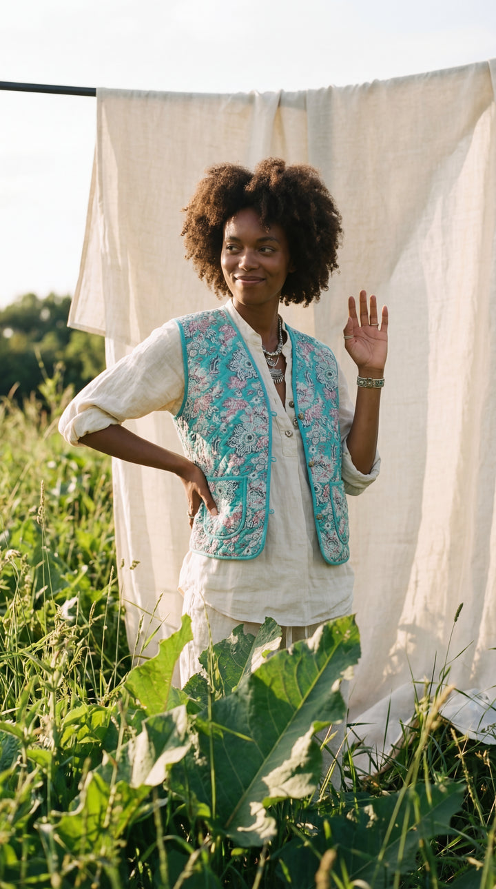 The "Tara" Quilted Vest – Block-Printed Meadow & Sunset Florals