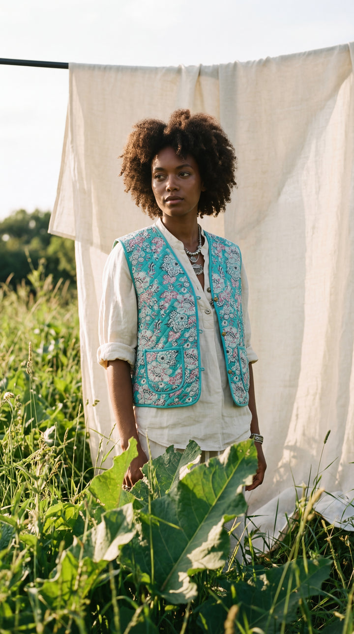 The "Tara" Quilted Vest – Block-Printed Meadow & Sunset Florals