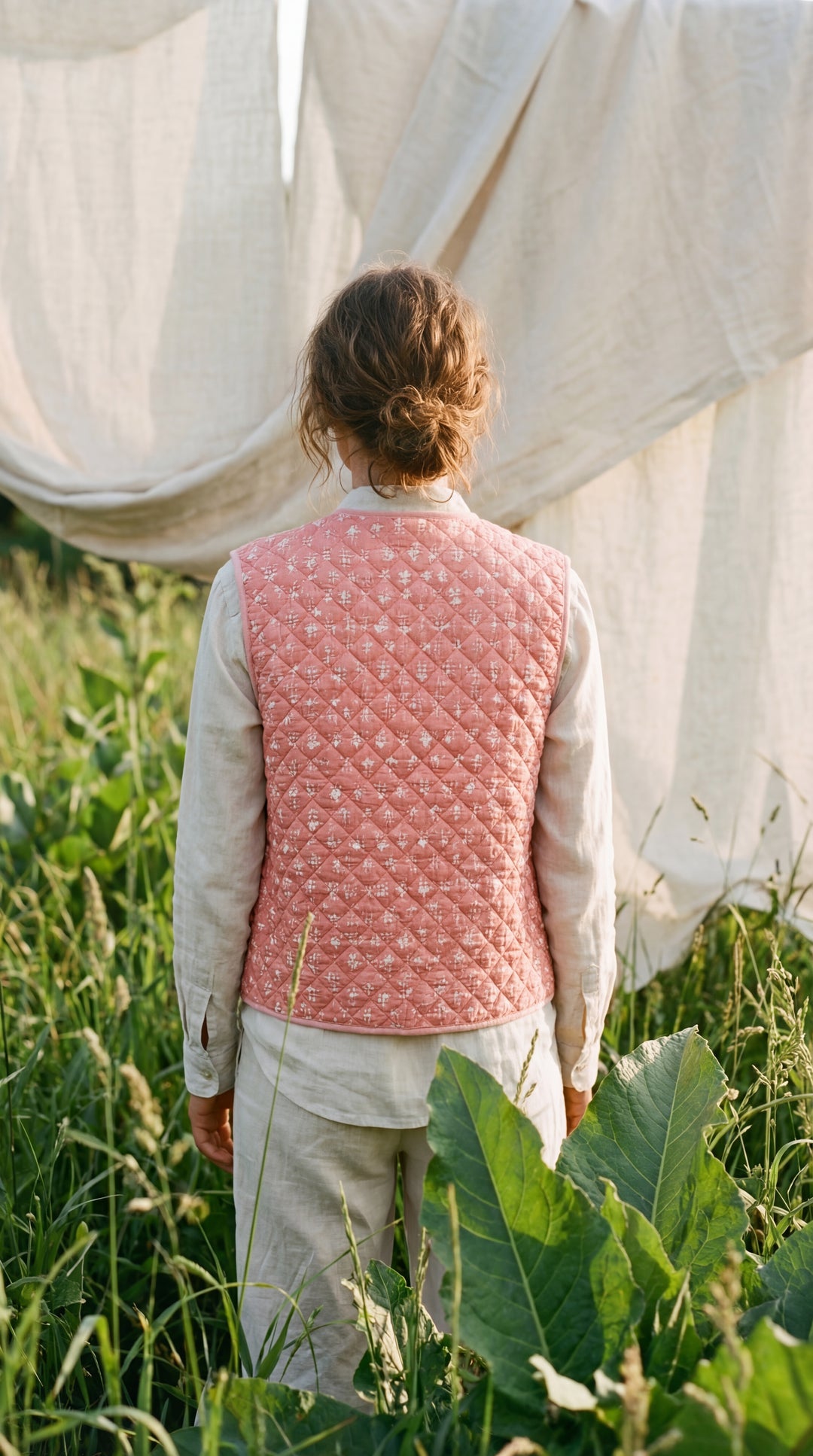 The "Tara" Quilted Vest – Block-Printed Meadow & Sunset Florals