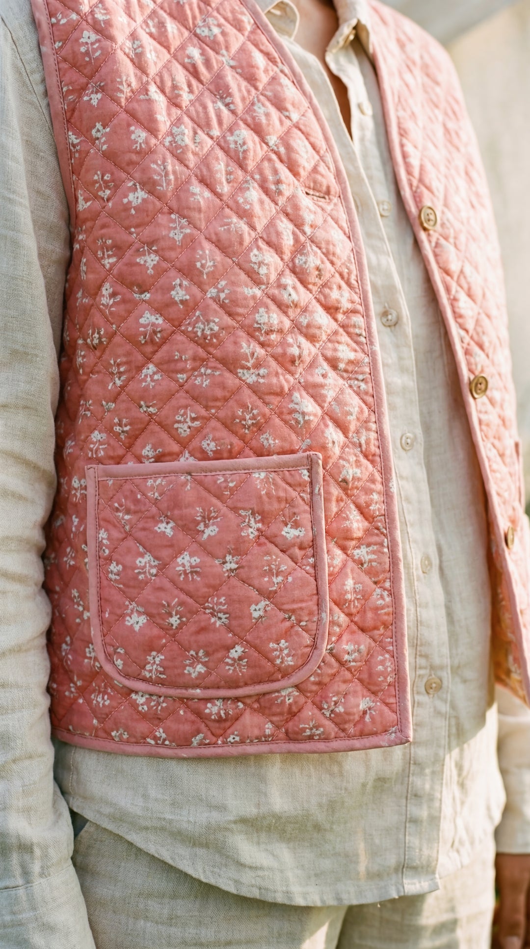 The "Tara" Quilted Vest – Block-Printed Meadow & Sunset Florals