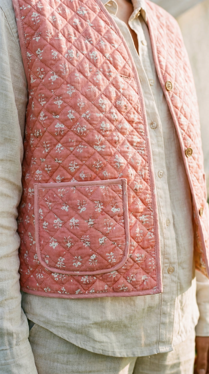 The "Tara" Quilted Vest – Block-Printed Meadow & Sunset Florals
