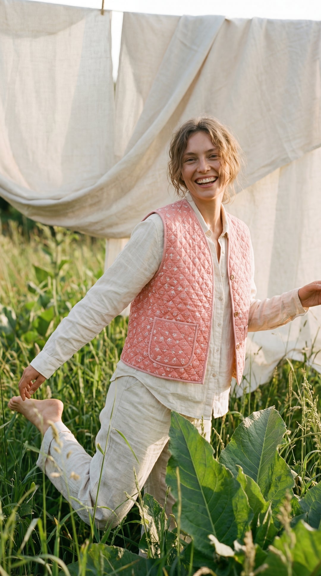 The "Tara" Quilted Vest – Block-Printed Meadow & Sunset Florals