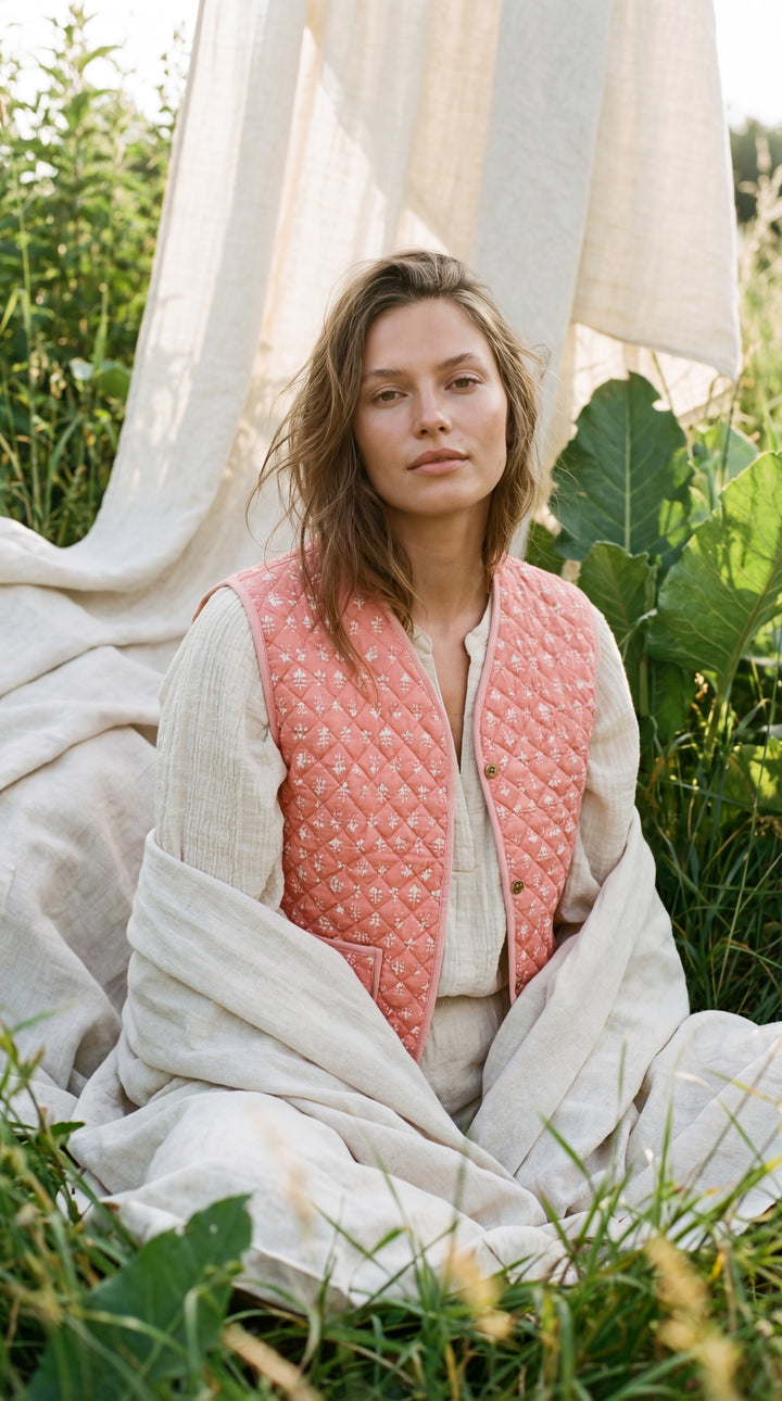 The "Tara" Quilted Vest – Block-Printed Meadow & Sunset Florals