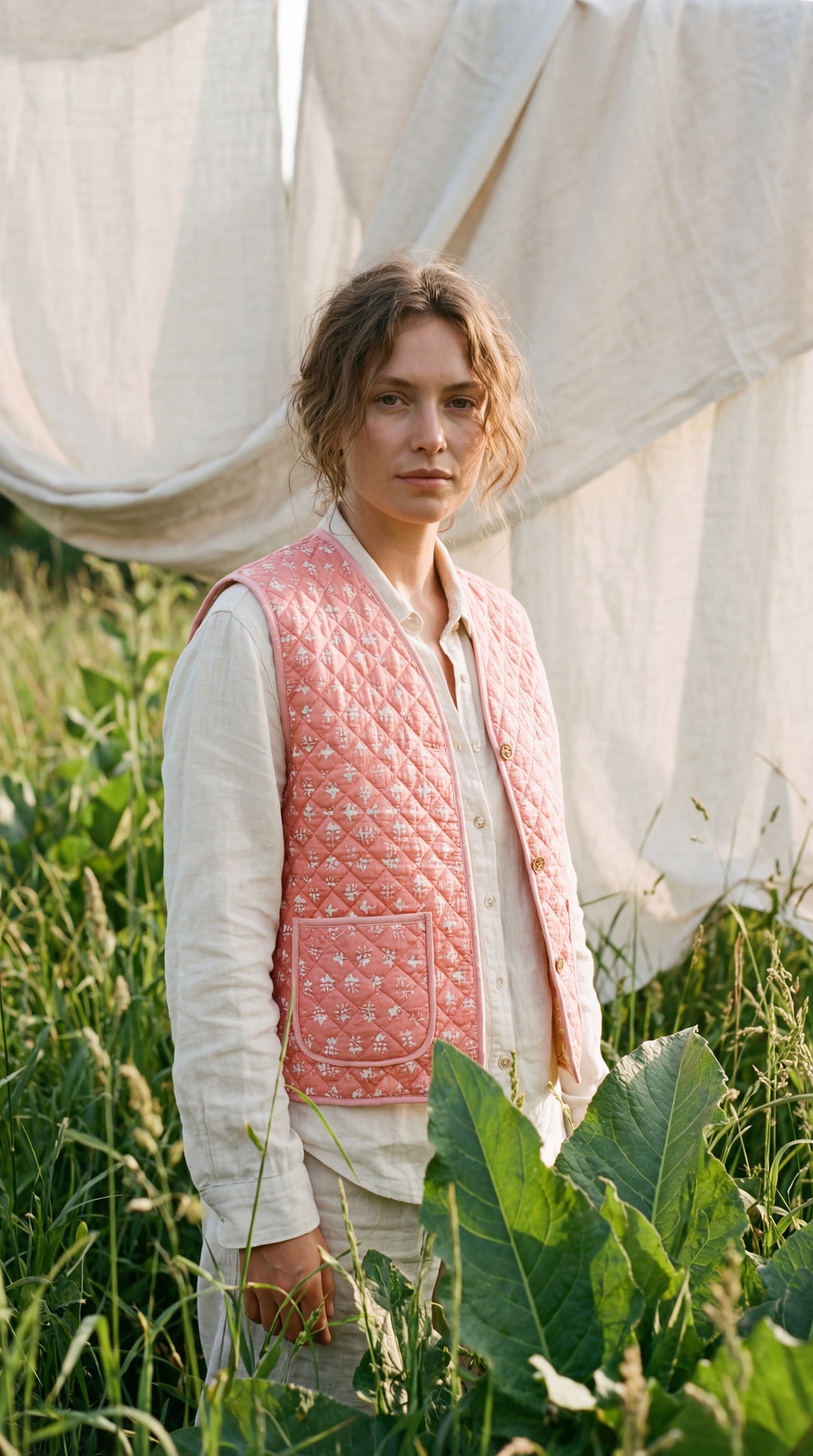 The "Tara" Quilted Vest – Block-Printed Meadow & Sunset Florals