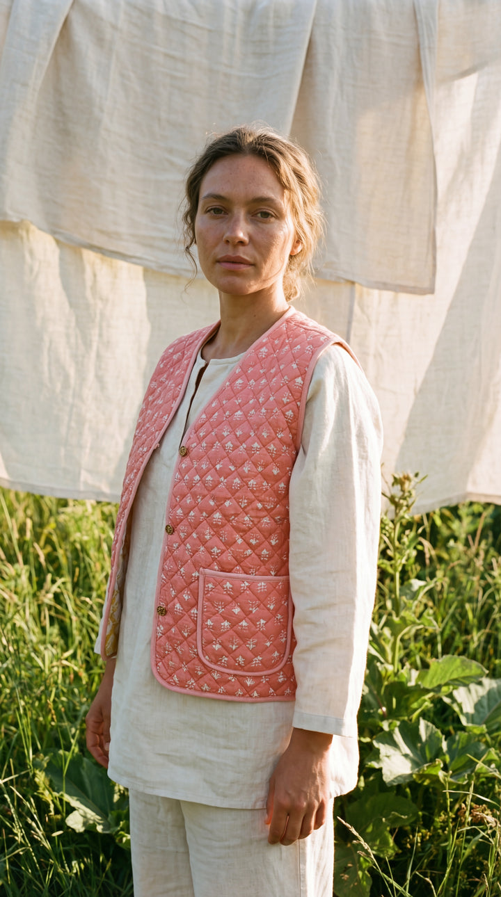 The "Tara" Quilted Vest – Block-Printed Meadow & Sunset Florals