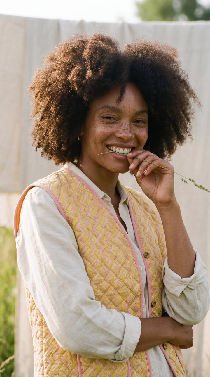 The "Tara" Quilted Vest – Block-Printed Meadow & Sunset Florals