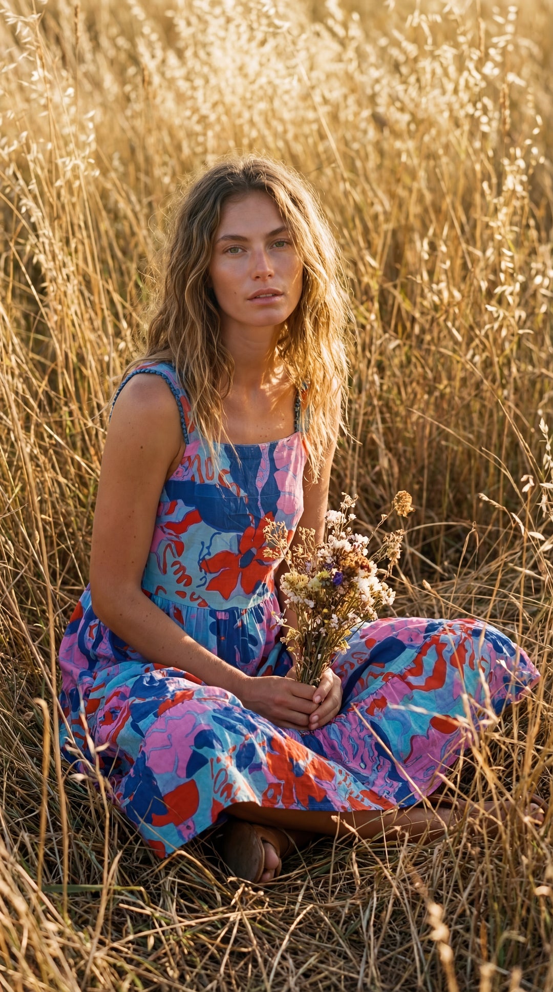 Flora Sundress Organic Cotton Batonical Print Strap Maxi Dress