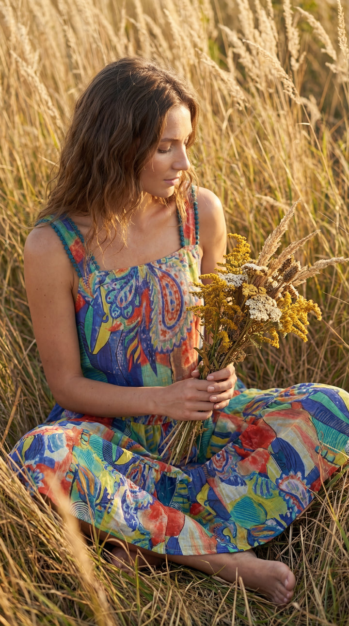 Flora Sundress Organic Cotton Batonical Print Strap Maxi Dress