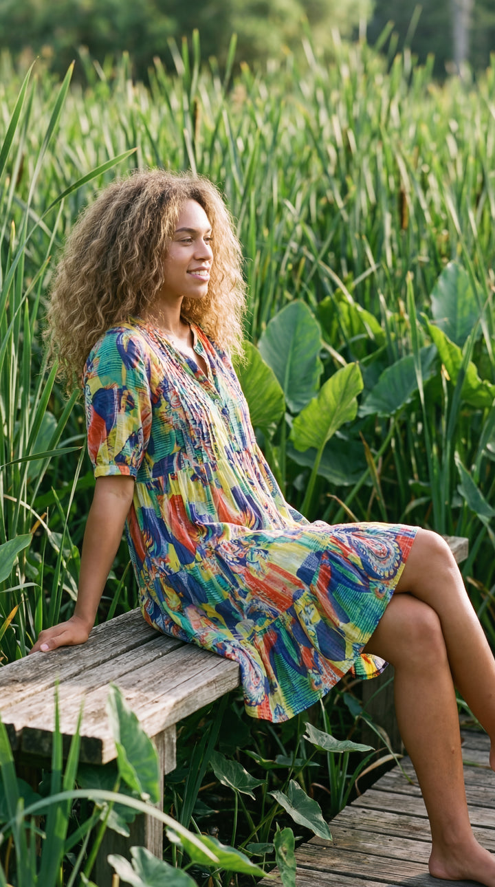Flora Bloom Organic Cotton Block Print Mini Dress – Tiered Boho Summer Sundress Green