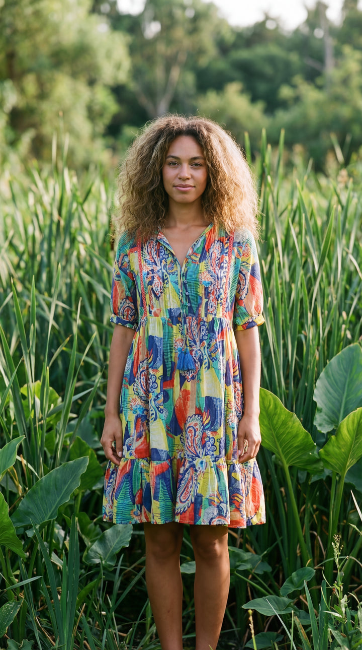 Flora Bloom Organic Cotton Block Print Mini Dress – Tiered Boho Summer Sundress Green