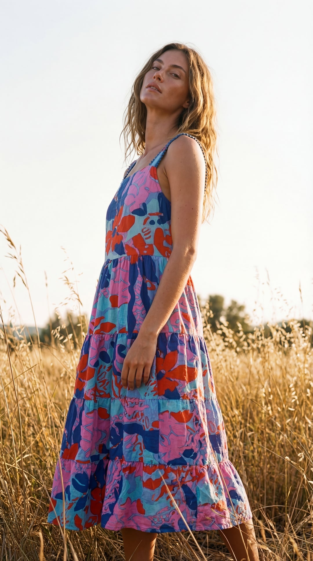 Flora Sundress Organic Cotton Batonical Print Strap Maxi Dress