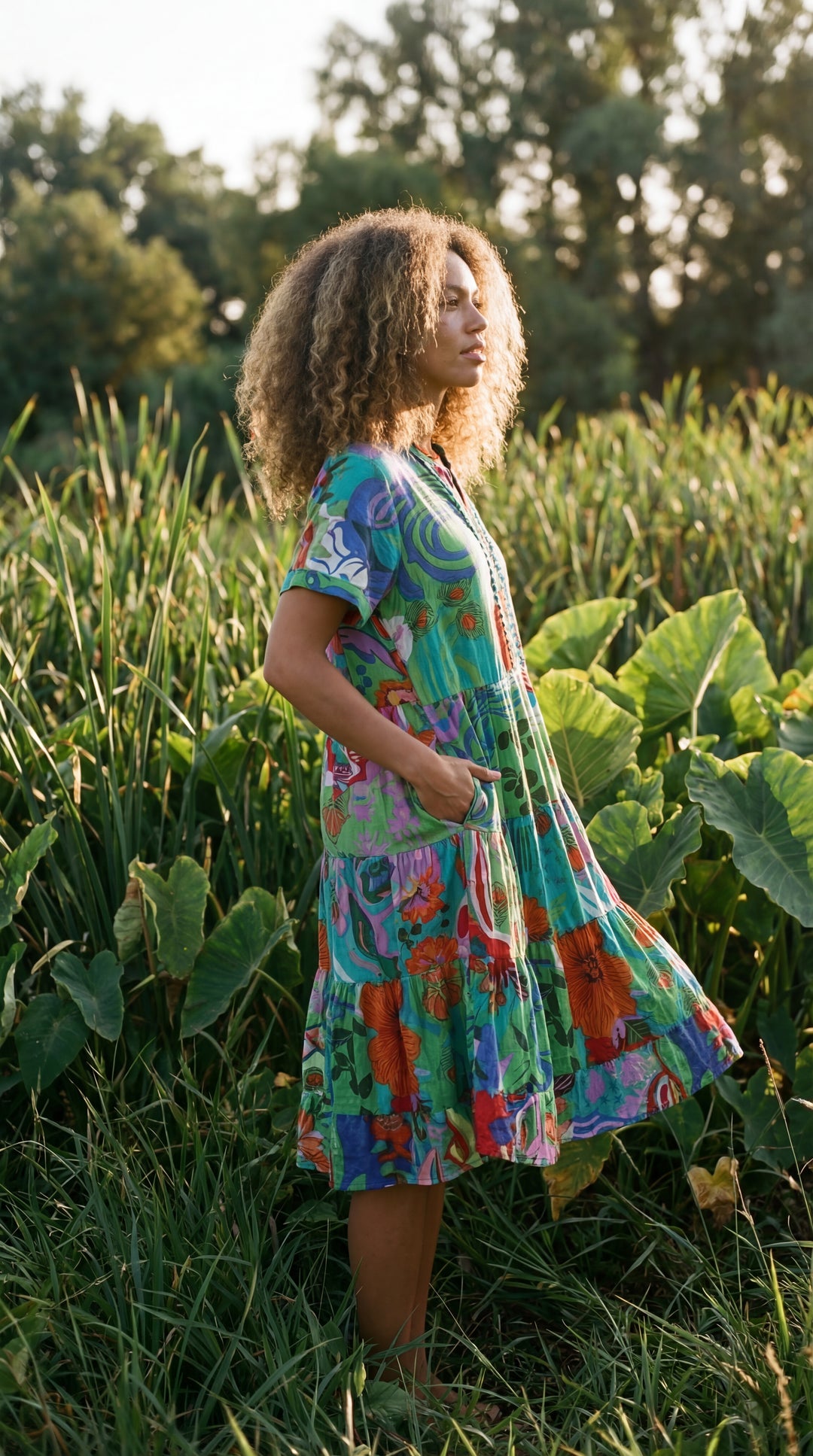 Verdant Bloom Organic Cotton Block Print Mini Dress – Tiered Boho Summer Sundress Pink