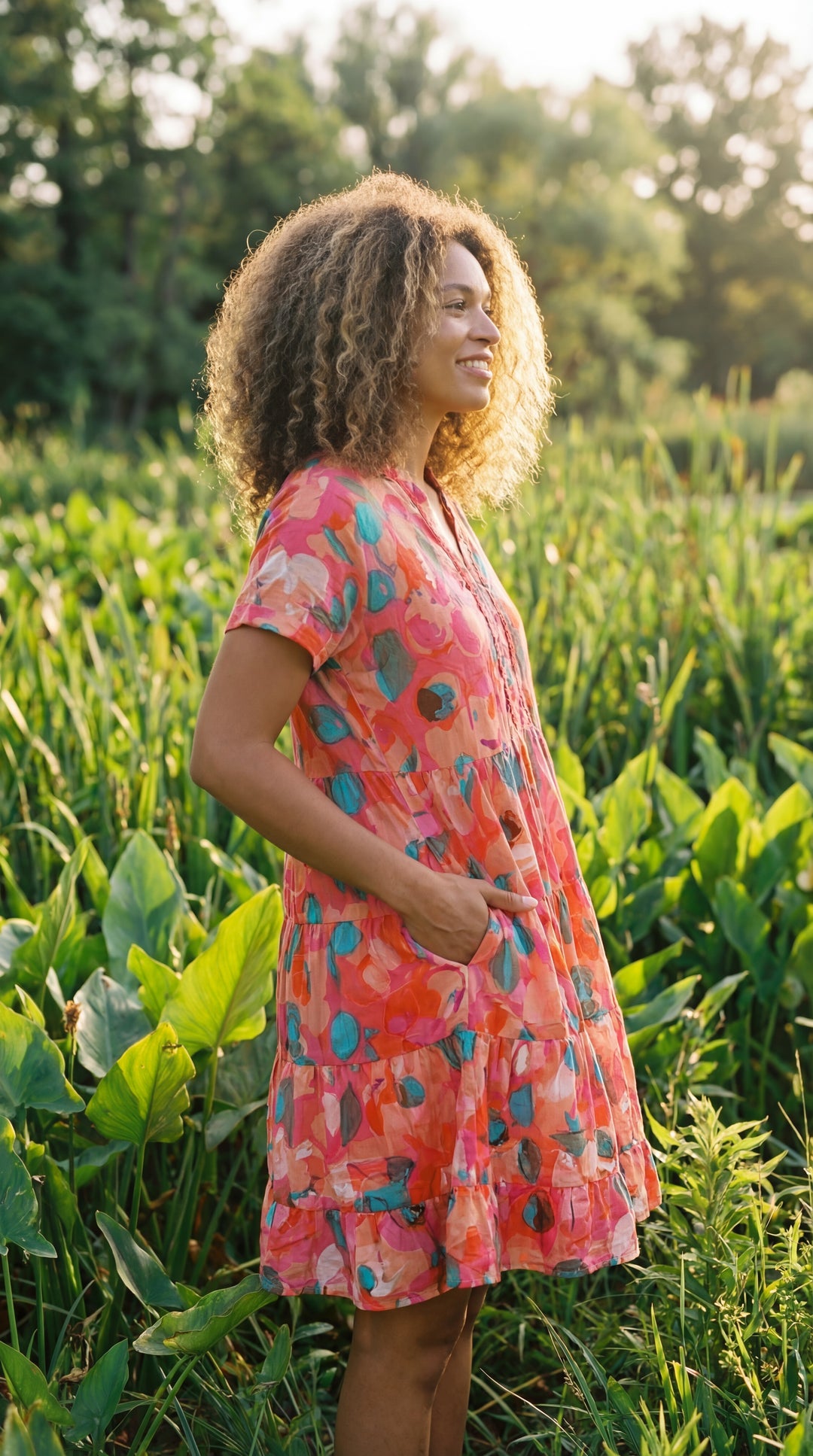 Verdant Bloom Organic Cotton Block Print Mini Dress – Tiered Boho Summer Sundress Pink
