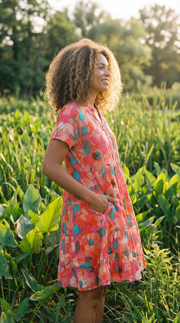 Verdant Bloom Organic Cotton Block Print Mini Dress – Tiered Boho Summer Sundress Pink