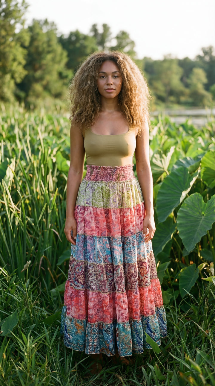 Boho Silk Maxi Skirt: Patchwork Paisley Print, Sari Frill Detail Plus Size