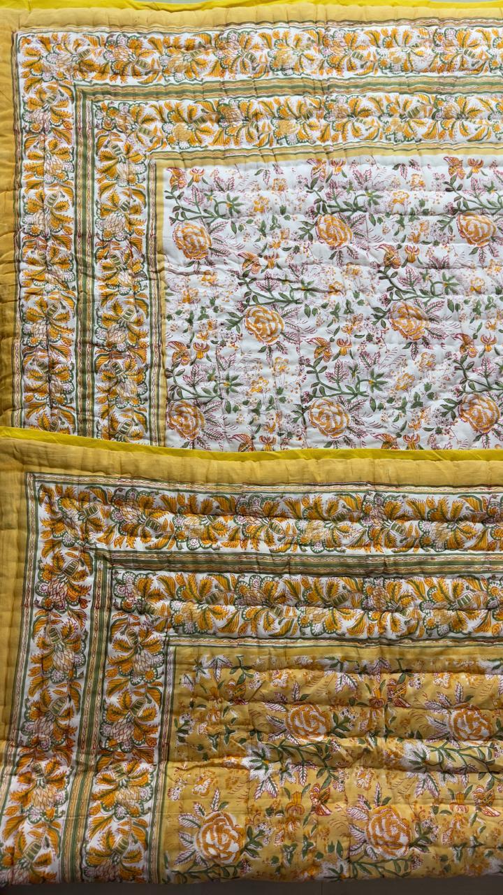 The Sun-Drenched Mustard Quilt – 108x108" Reversible Yellow Floral Organic Cotton Super King