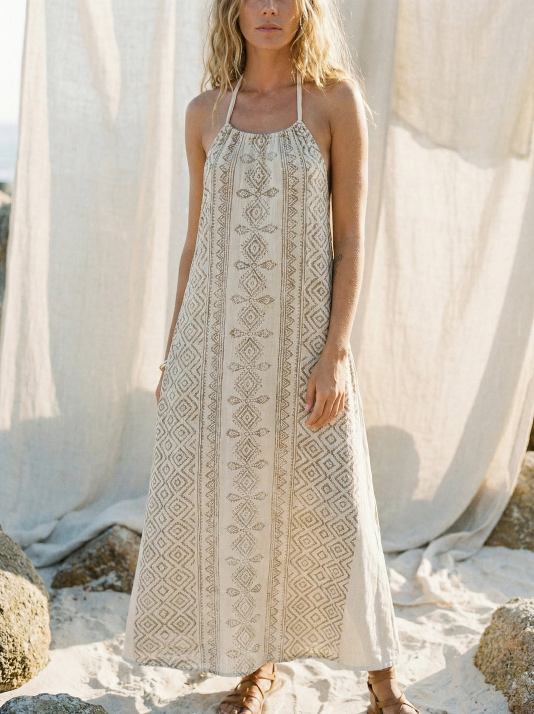 Mana Halter Maxi Dress – Cotton Sundress, Cream Tan Goddess