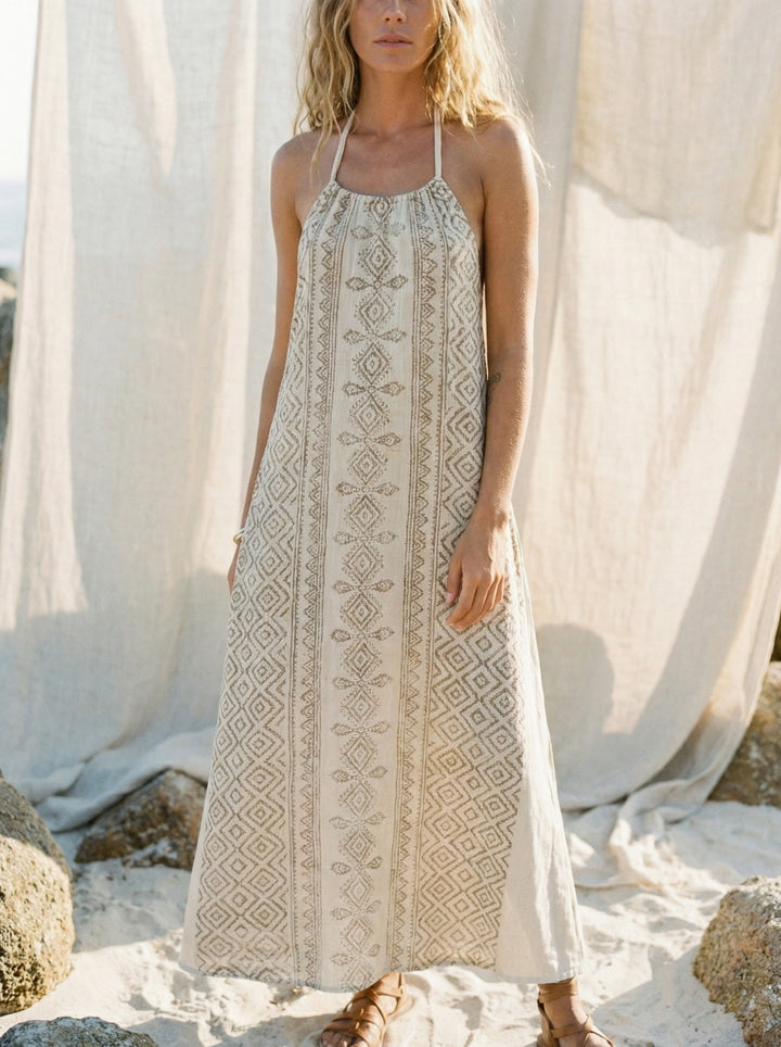 Mana Halter Maxi Dress – Cotton Sundress, Cream Tan Goddess