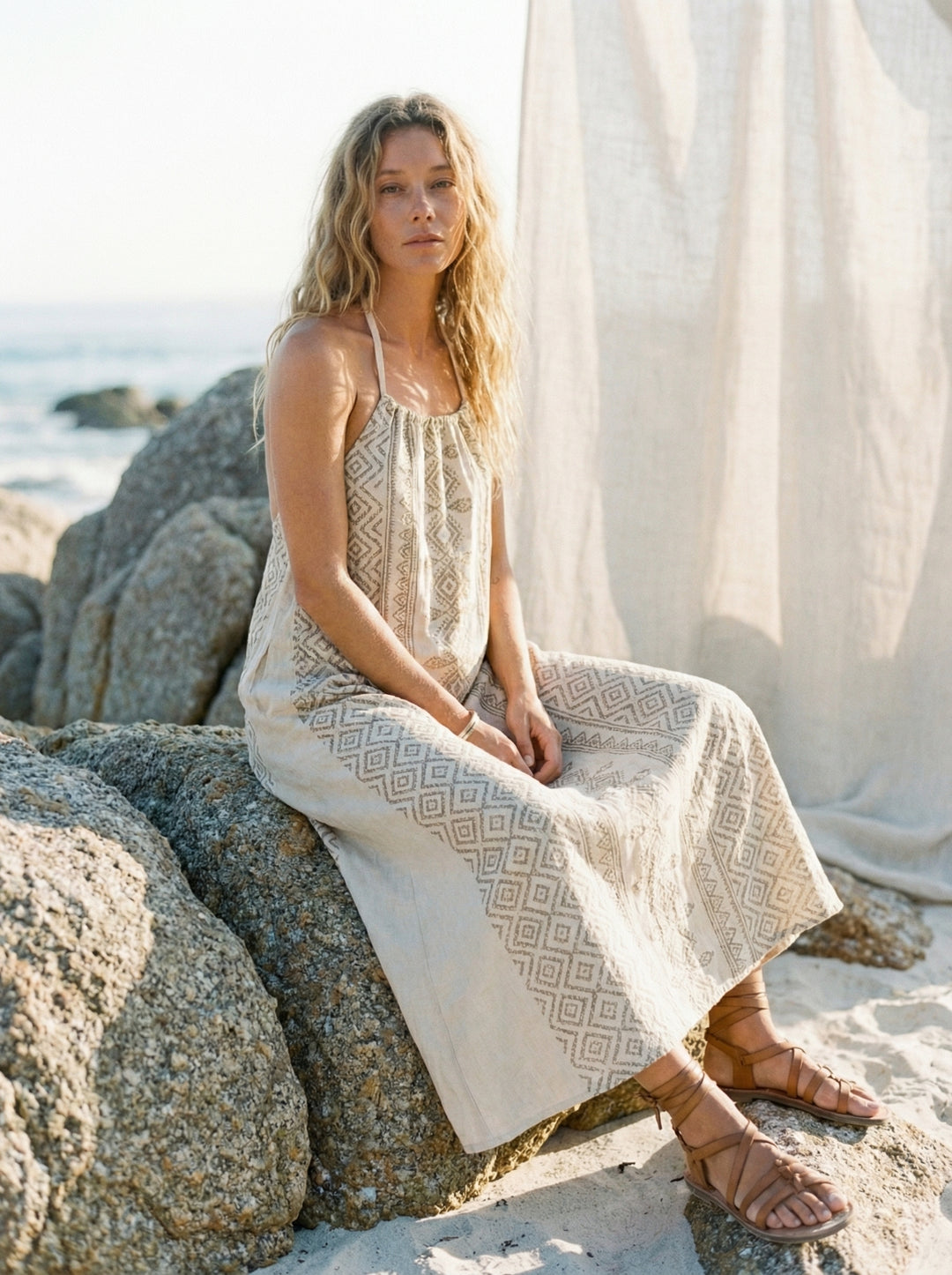 Mana Halter Maxi Dress – Cotton Sundress, Cream Tan Goddess