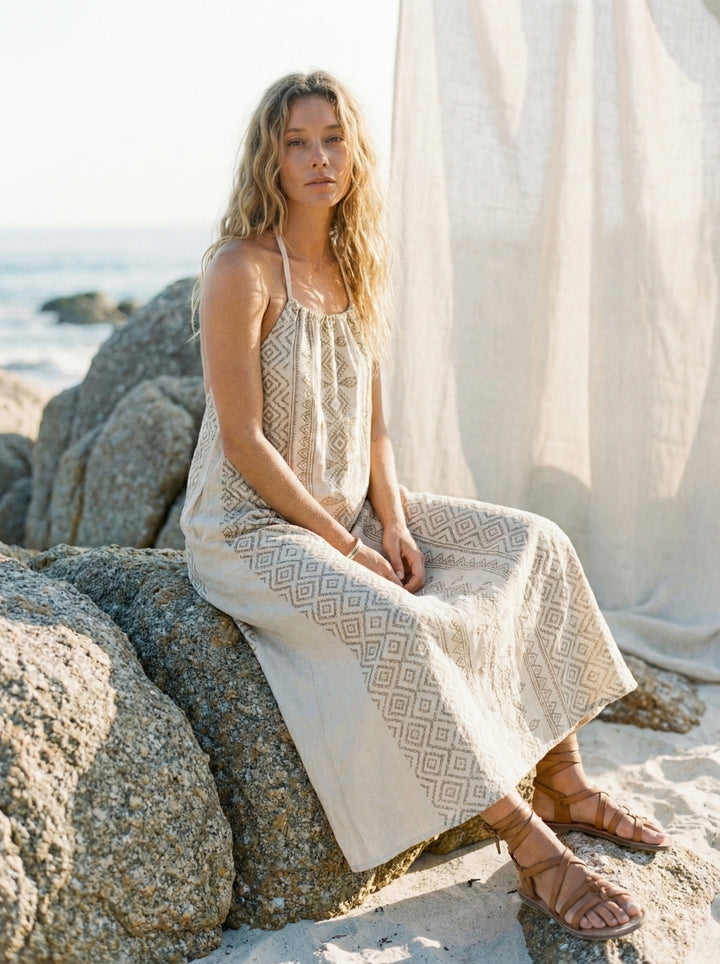 Mana Halter Maxi Dress – Cotton Sundress, Cream Tan Goddess