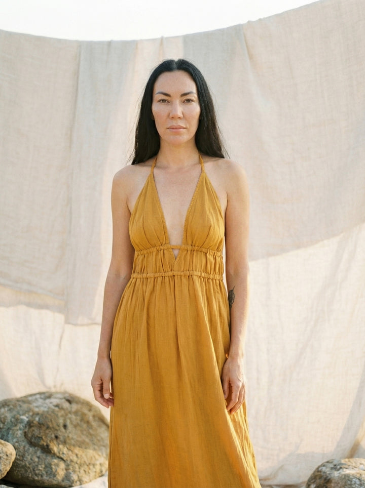 Mustard Cotton Gauze Maxi Dress – Bohemian Halter Neck Goddess Gown (UK 8-14)
