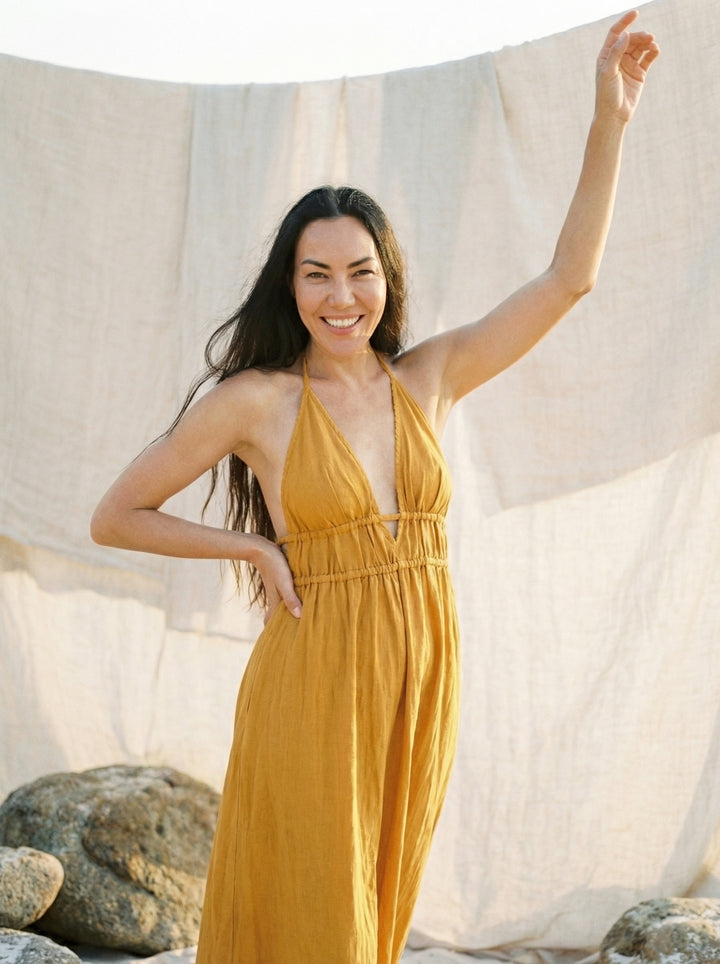 Mustard Cotton Gauze Maxi Dress – Bohemian Halter Neck Goddess Gown (UK 8-14)