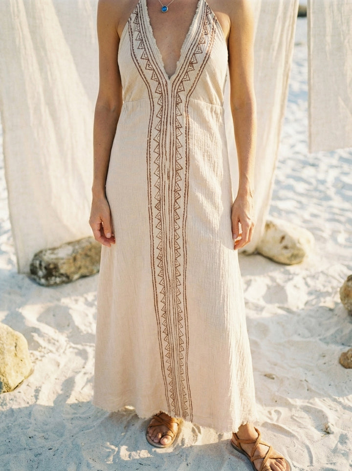 Meenakshi Cotton Maxi Dress – Bohemian Halter Neck Goddess Gown (UK 8-14)
