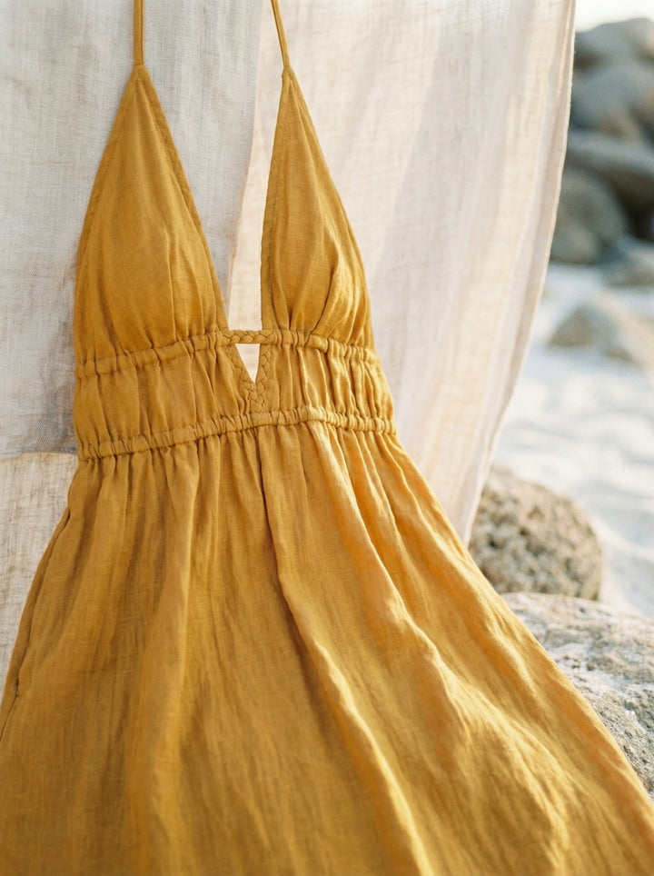 Mustard Cotton Gauze Maxi Dress – Bohemian Halter Neck Goddess Gown (UK 8-14)