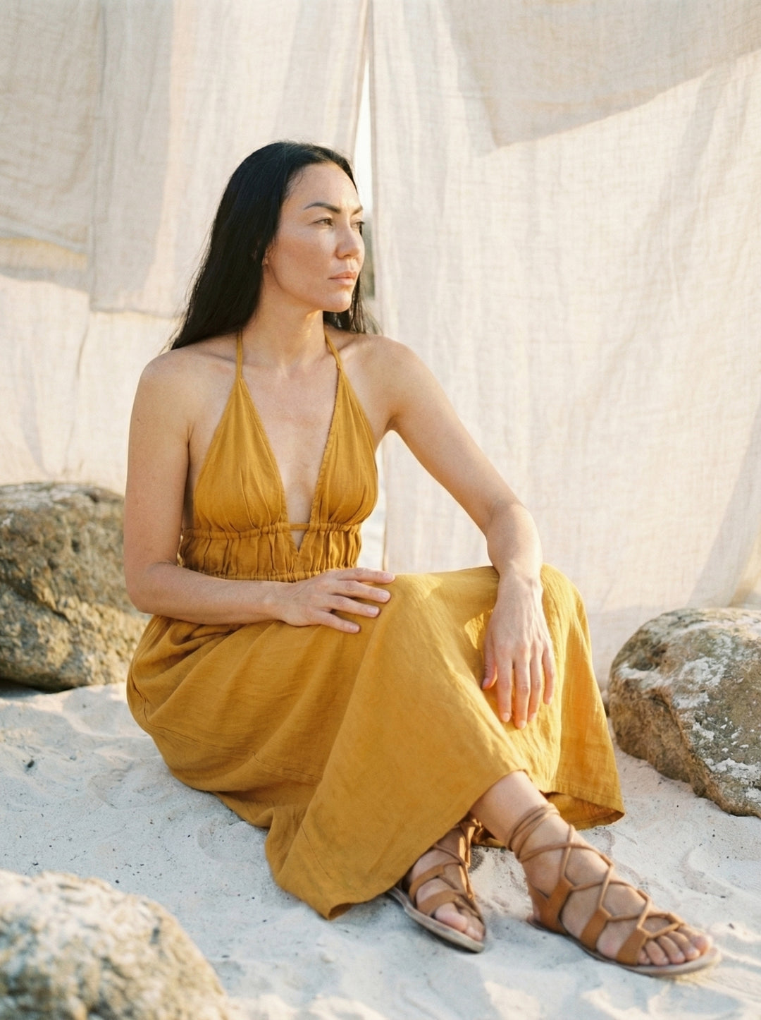 Mustard Cotton Gauze Maxi Dress – Bohemian Halter Neck Goddess Gown (UK 8-14)