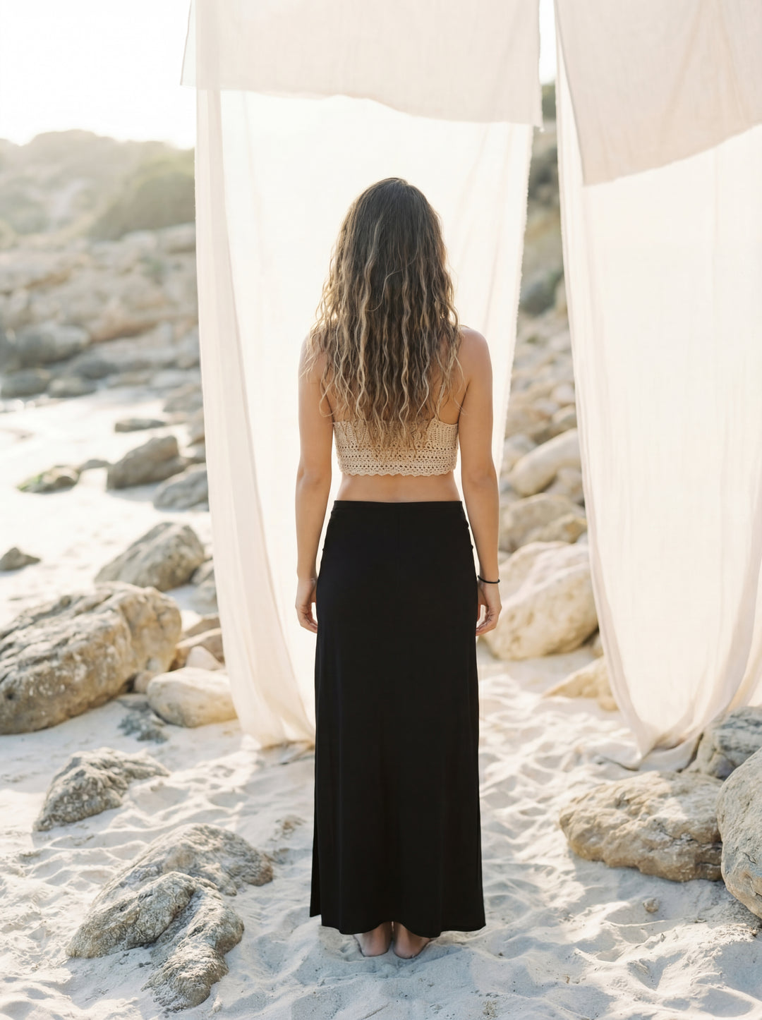 Double Slit Maxi Skirt – Bohemian Cotton Beach Wear, Black or White