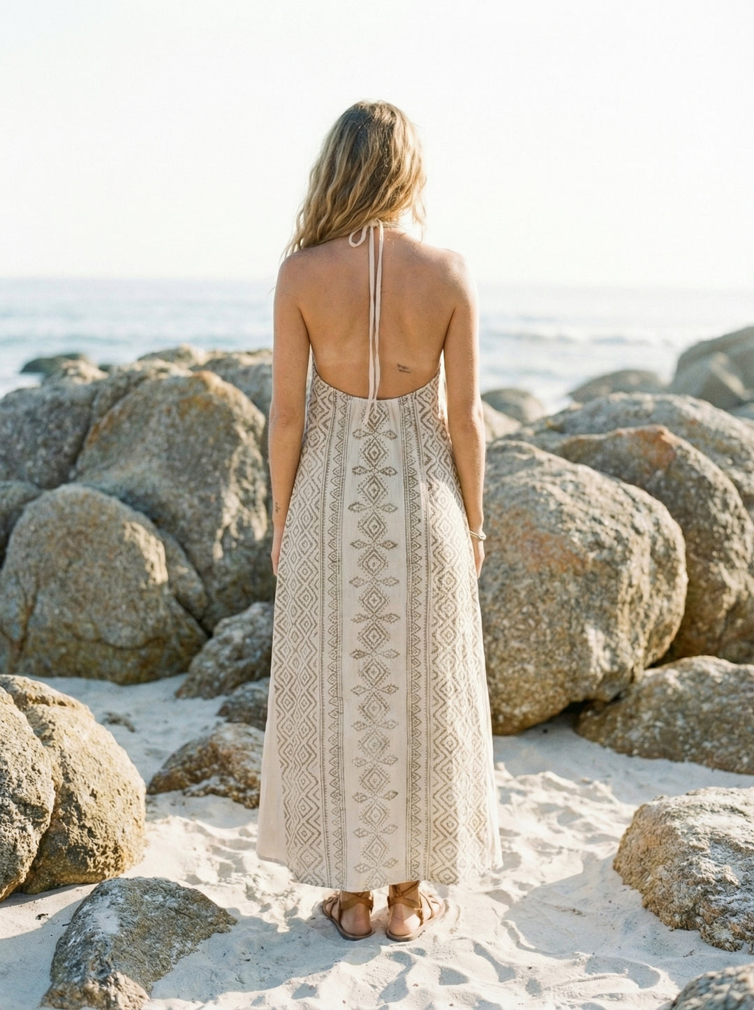 Mana Halter Maxi Dress – Cotton Sundress, Cream Tan Goddess