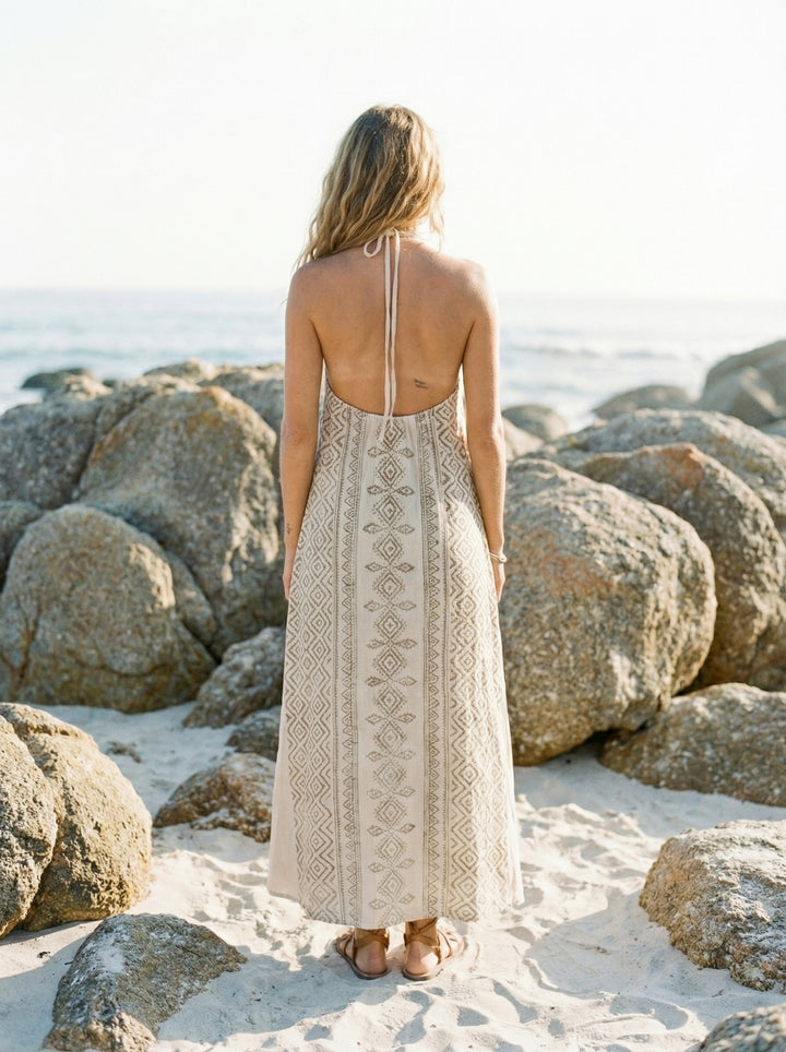 Mana Halter Maxi Dress – Cotton Sundress, Cream Tan Goddess